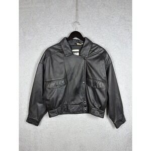 Vintage Together Black Genuine Leather Cropped Jacket Women's Size M Snap Front